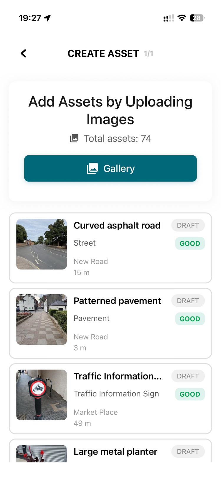The Create Asset screen with the Gallery button for adding assets by uploading images