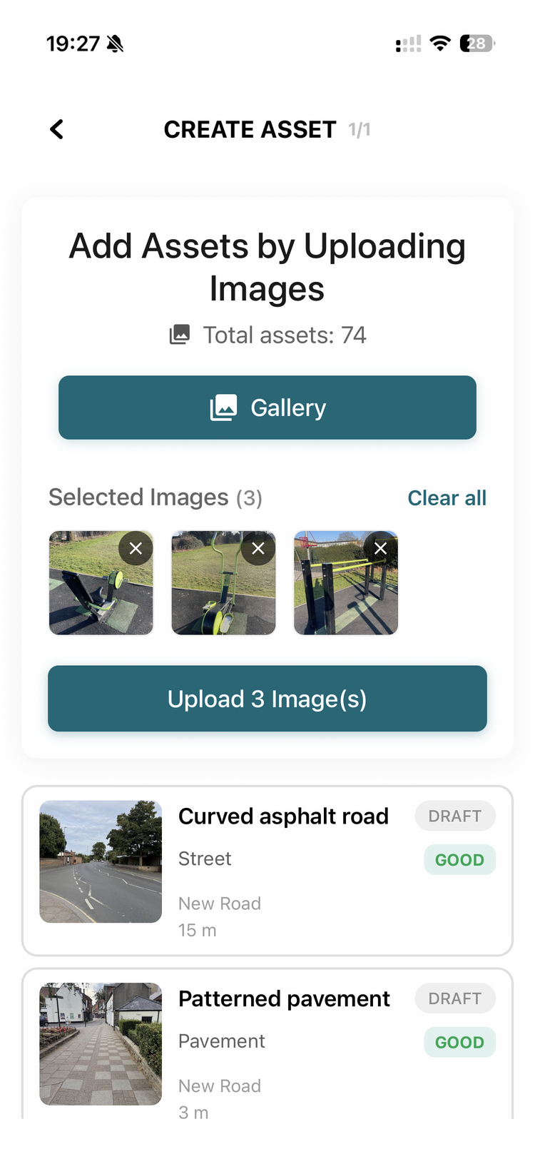 Three selected images ready to upload, each becoming its own asset