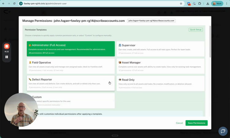 The Manage Permissions modal showing six role templates: Administrator (Full Access) highlighted in green, Supervisor, Field Operative, Asset Manager, Defect Reporter, Read Only, and a Custom option