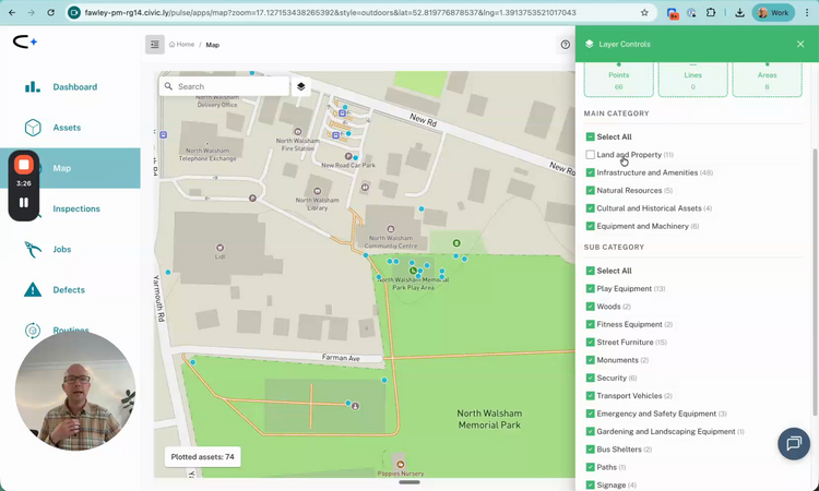 The Civic.ly map with the Layer Controls panel open on the right, showing main category checkboxes and a sub-category list including Play Equipment, Buildings, Fences, and Street Furniture
