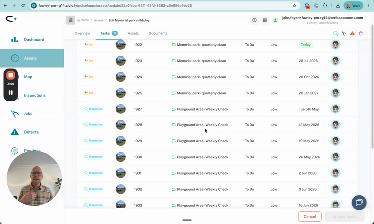 The redesigned asset detail screen for Memorial Park, showing Overview, Tasks, Assets, and Documents tabs across the top with a list of inspections and quarterly cleans below