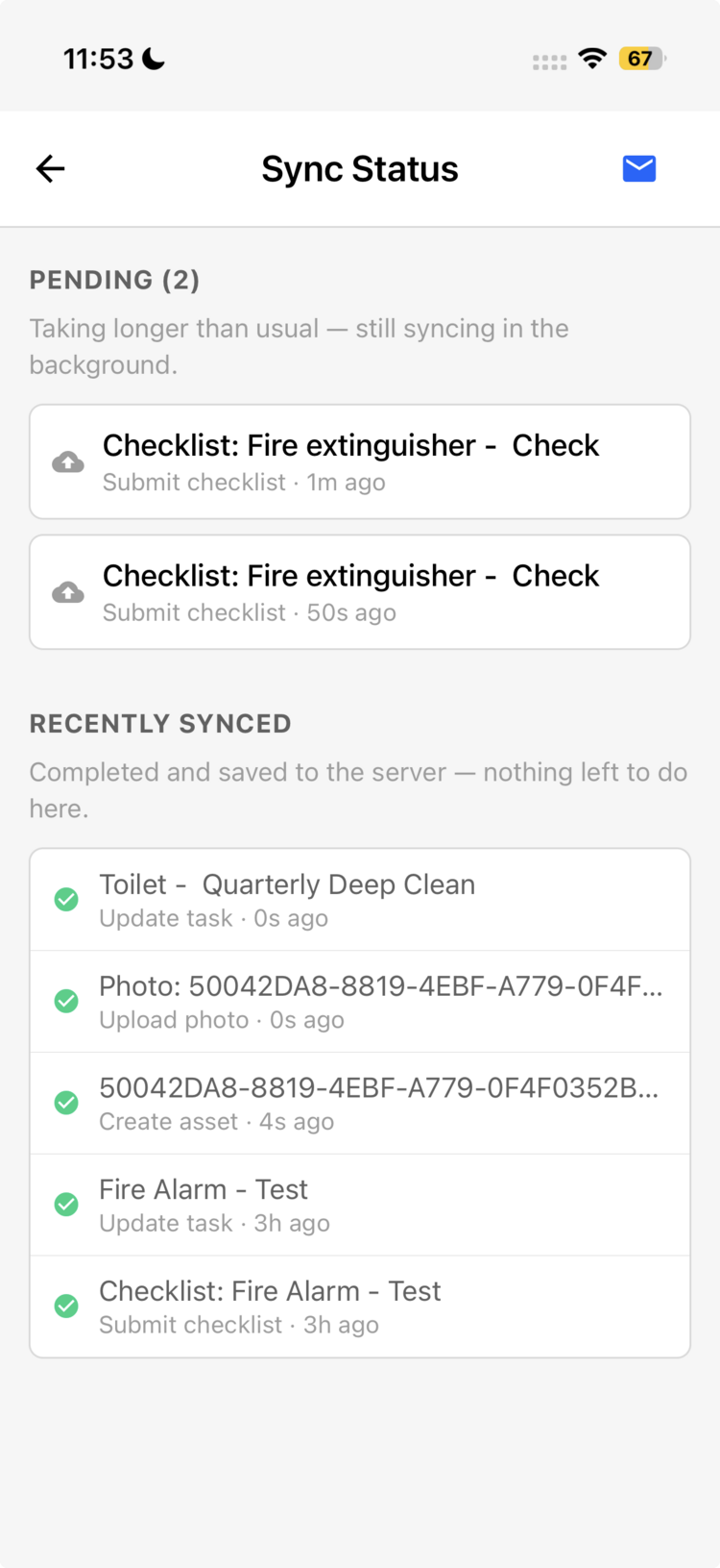 The mobile app Sync Status screen showing two checklist submissions still pending upload, with a list of recently synced items marked with green ticks below
