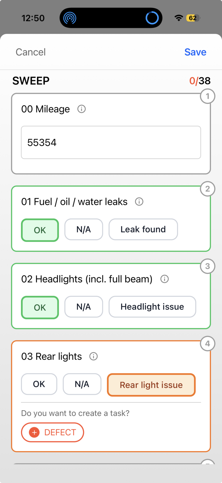 The mobile app Van Sweep checklist showing per-item OK / N/A / fault responses, a mileage reading at the top, and a DEFECT prompt after a rear light issue is flagged