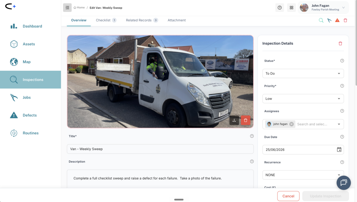 The redesigned web app task details screen for a vehicle weekly sweep, with Overview, Checklist, Related Records and Attachment tabs across the top and an Inspection Details panel on the right