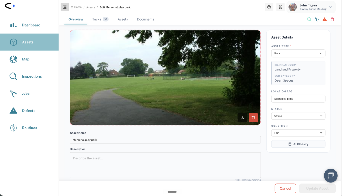 The redesigned web app asset details screen for a park, with Overview, Tasks, Assets and Documents tabs and an Asset Details panel showing type, category, location tag, status and condition