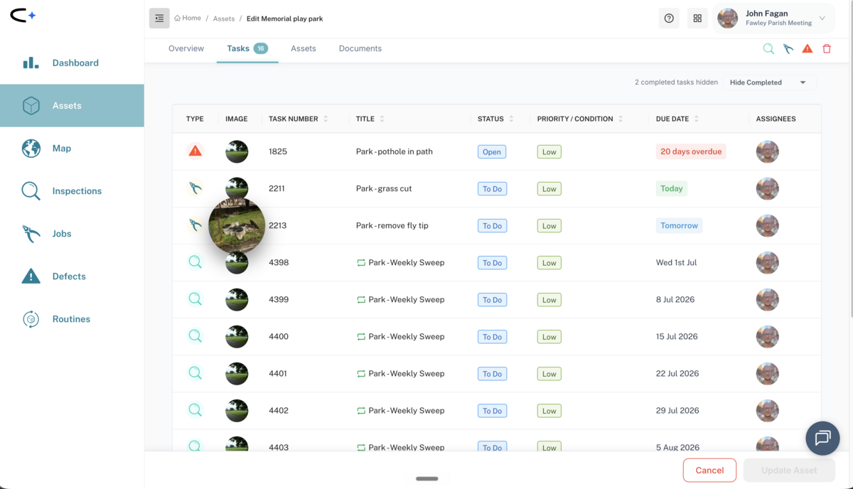 The Tasks tab on an asset record, listing every task linked to the park — overdue, due today and tomorrow, and upcoming weekly sweeps — with type, task number, status, priority, due date and assignee columns