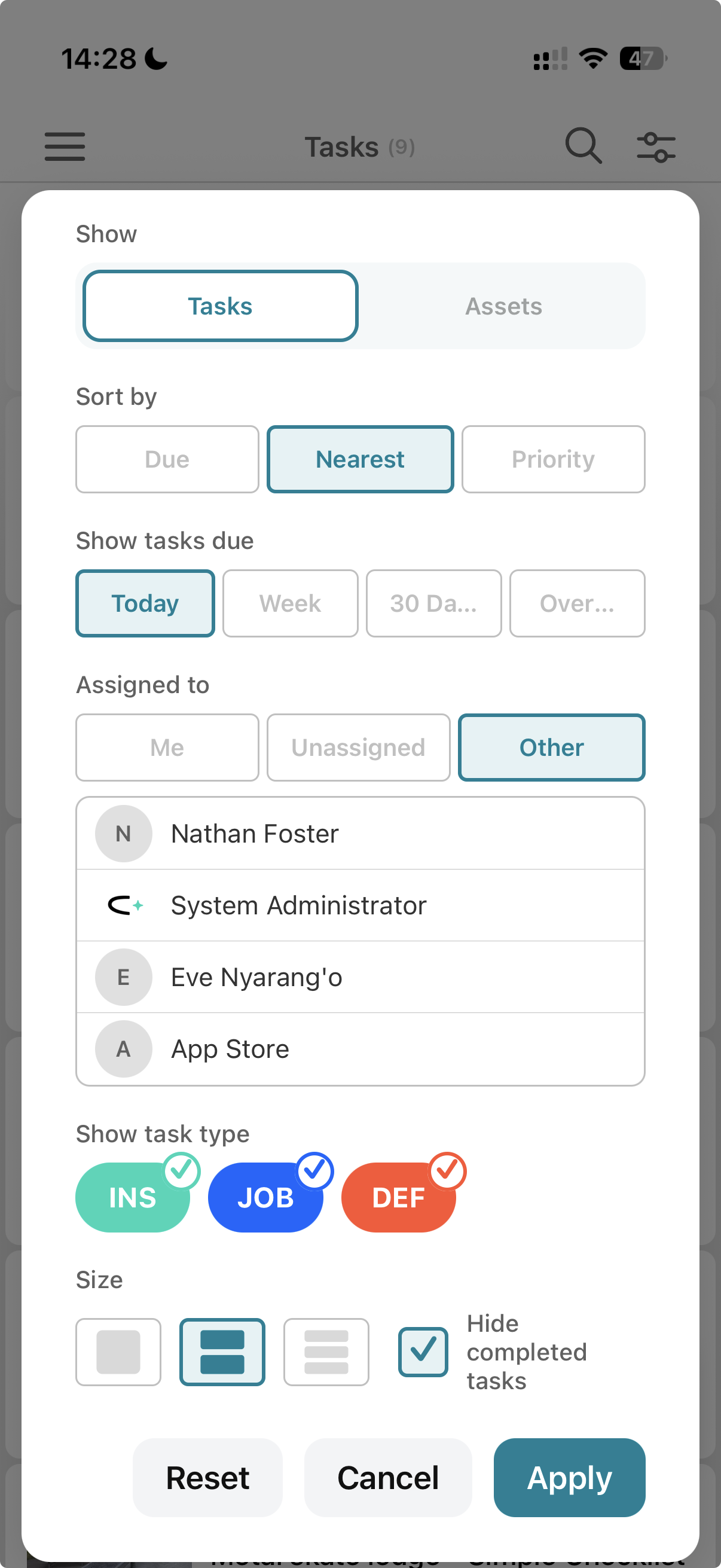 The mobile task filter panel, with Show tasks due set to Today alongside Week, 30 days and Overdue options, an Assigned to filter, and task-type toggles for inspections, jobs and defects
