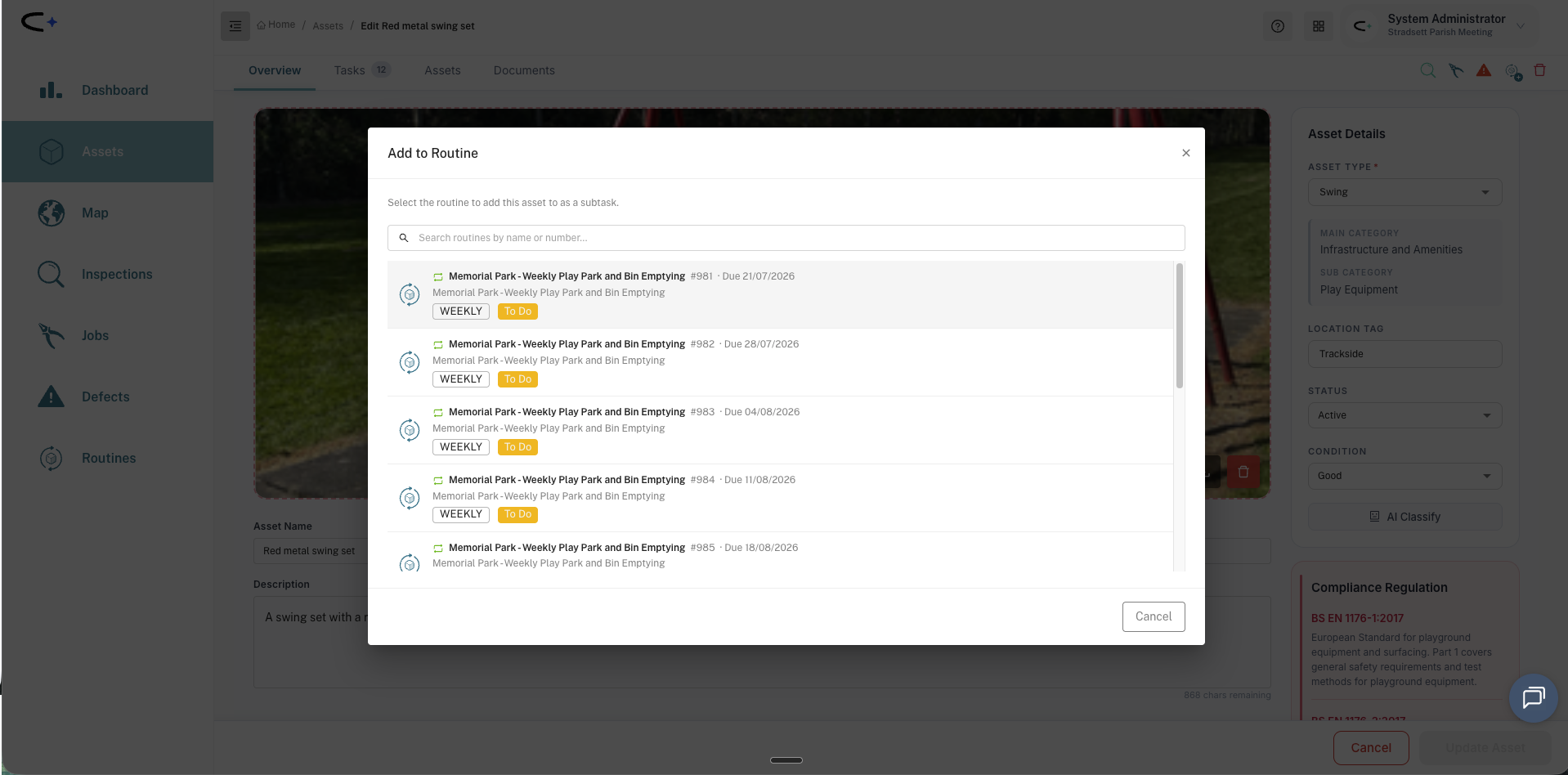 The Add to Routine dialog on a web asset record, with a search box and a list of weekly routine cycles to add the asset to as a subtask