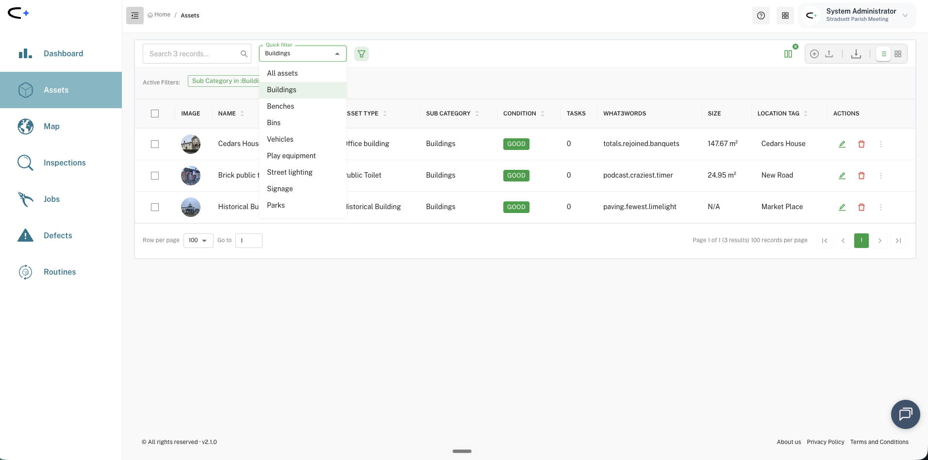 The web asset list with the Quick Filter dropdown open, showing pre-built groups including All assets, Buildings, Benches, Bins, Vehicles, Play equipment, Street lighting, Signage and Parks