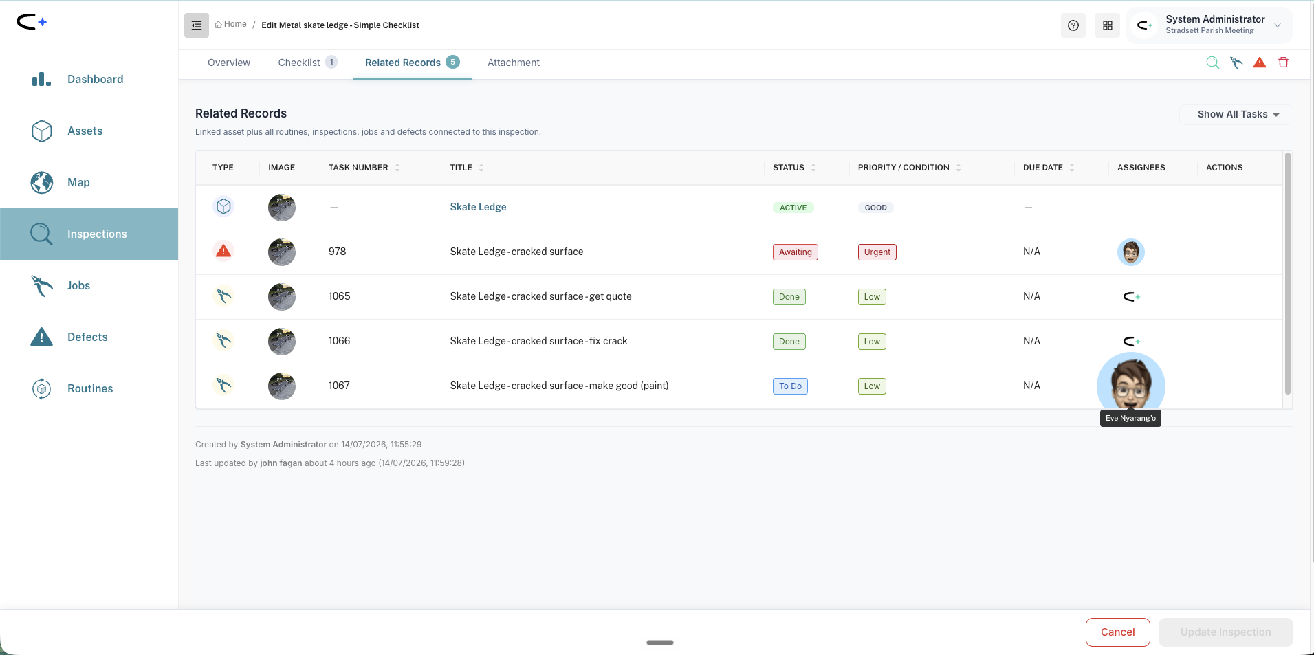 The Related Records tab of an inspection, listing the linked asset, a defect, and three jobs (get quote, fix crack and make good) all connected to the same issue