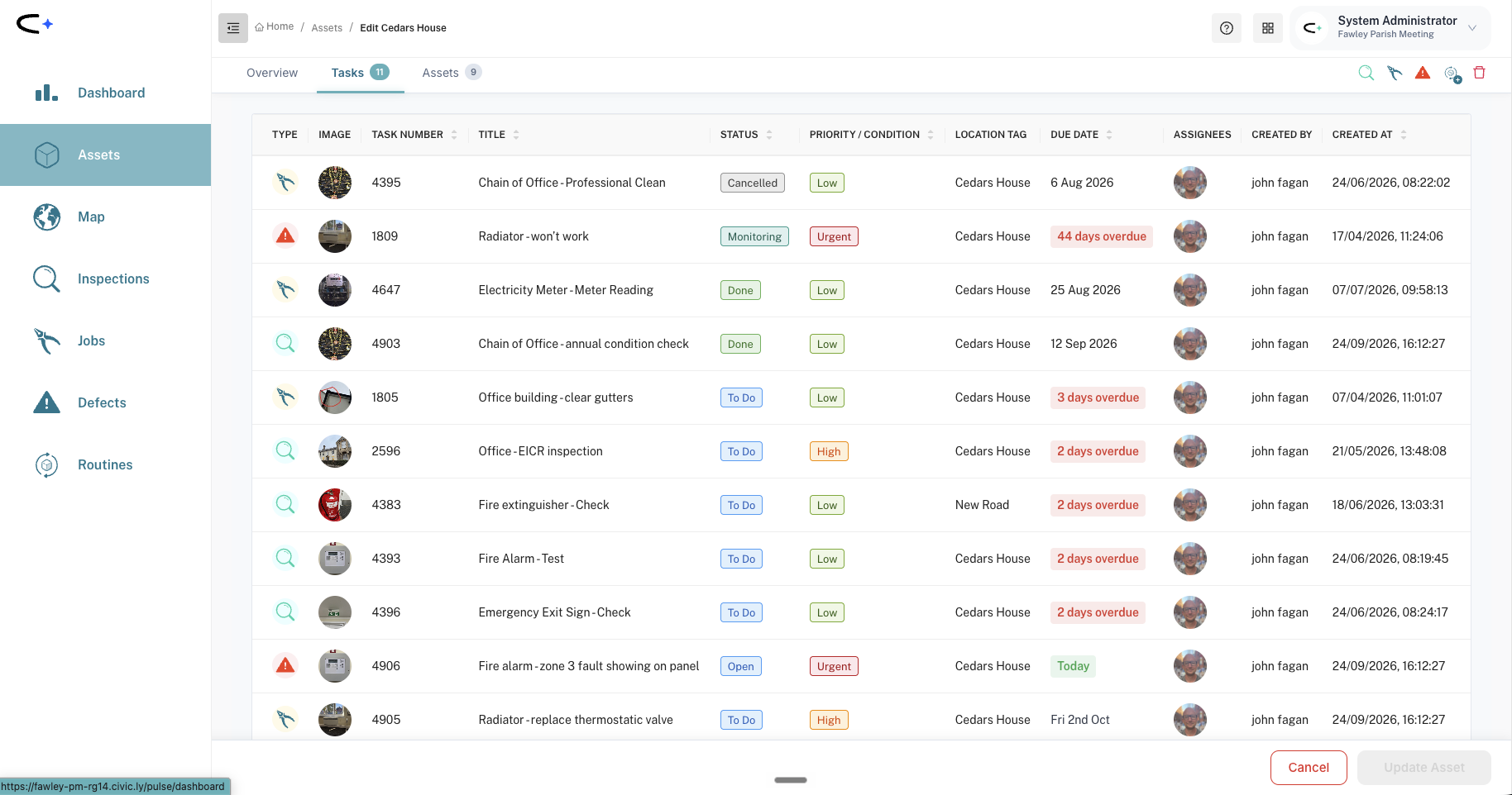 The Tasks tab on the Cedars House asset record, listing fourteen tasks. Only two are raised against the building itself, the rest belong to assets linked inside it, including a fire alarm defect, a radiator job and a chain of office inspection
