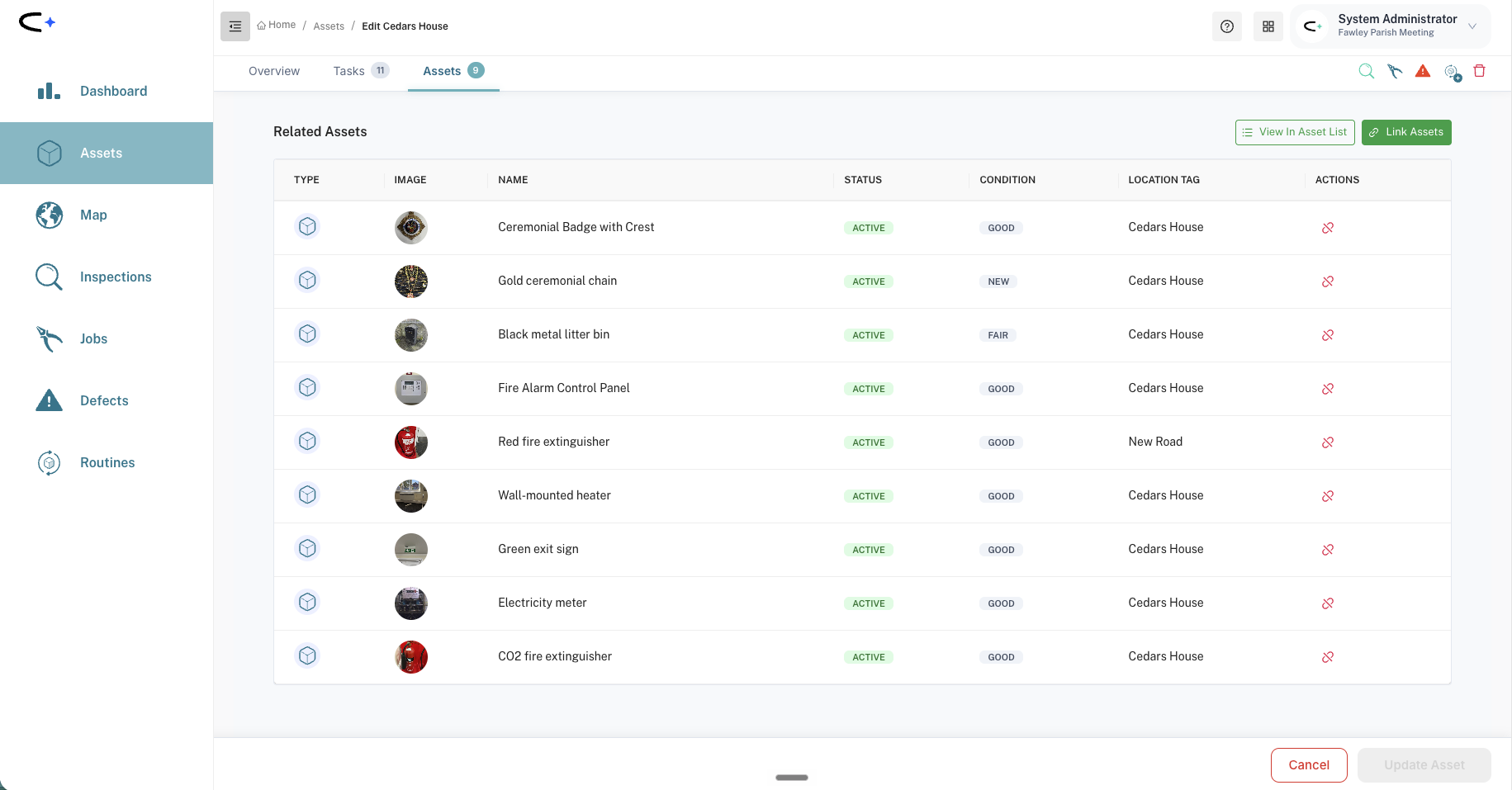 The Related Assets tab on a building record, listing nine linked assets including a fire alarm control panel, two fire extinguishers, an electricity meter, a wall-mounted heater, an exit sign and a litter bin, each with status, condition and location tag