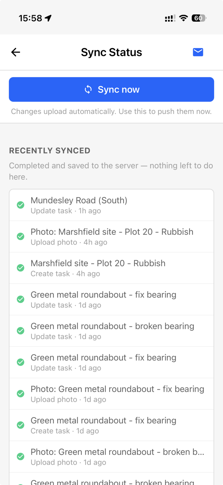 The mobile sync screen showing the queue of changes waiting to upload, with a Sync now button