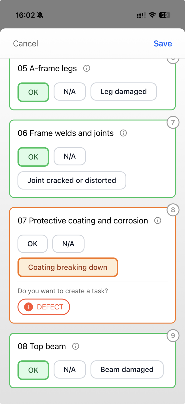 A play equipment Operational Check on a phone, showing numbered walkaround items with OK, N/A and fault responses and a paragraph of guidance under an item