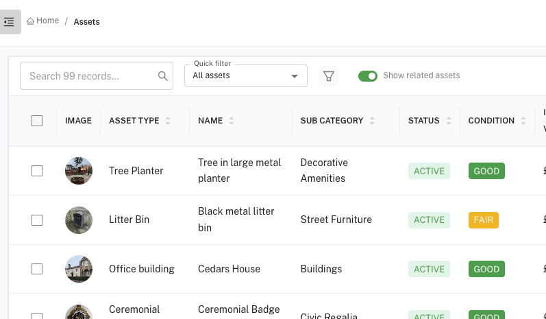 The asset list with the show related assets toggle, comparing the list with linked child assets hidden and shown