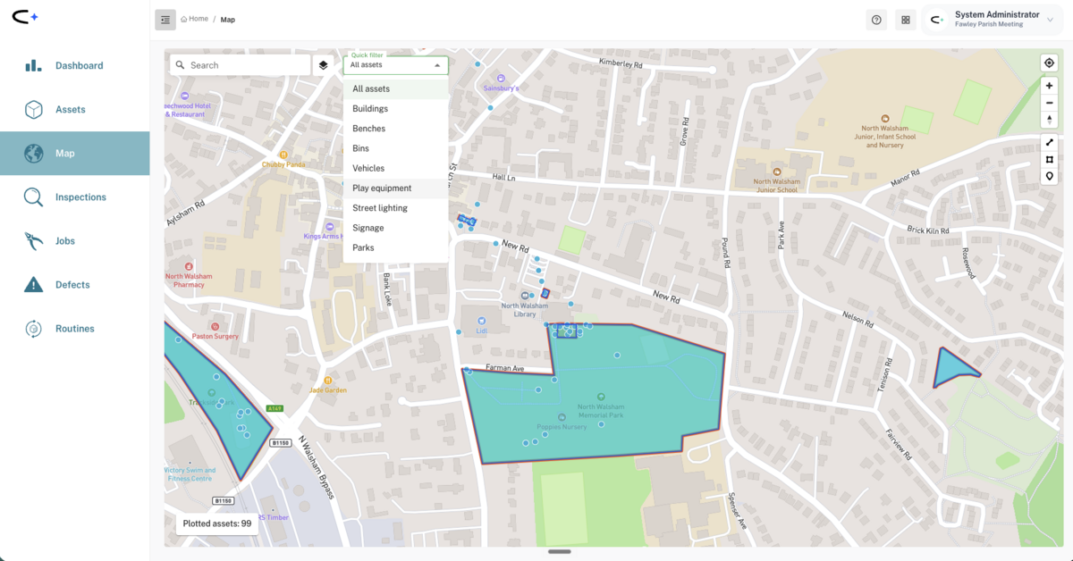 The map view with the Quick Filter dropdown open, listing pre-built groups such as buildings, benches, bins and play equipment