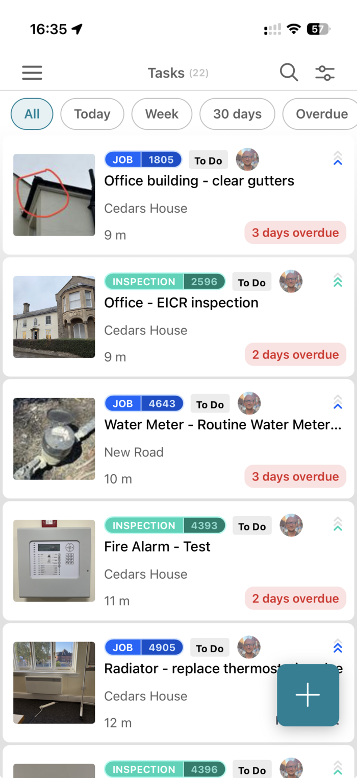 The mobile task list with a row of due-window pills across the top reading All, Today, Week, 30 days and Overdue, with All selected