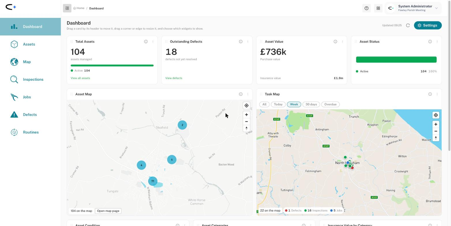 The new dashboard showing four cards across the top (Total Assets 104, Outstanding Defects 18, Asset Value £736k purchase value with £1.9m insurance value, and Asset Status), then an Asset Map with clustered assets and a Task Map with the Week chip selected and red, green and blue task pins