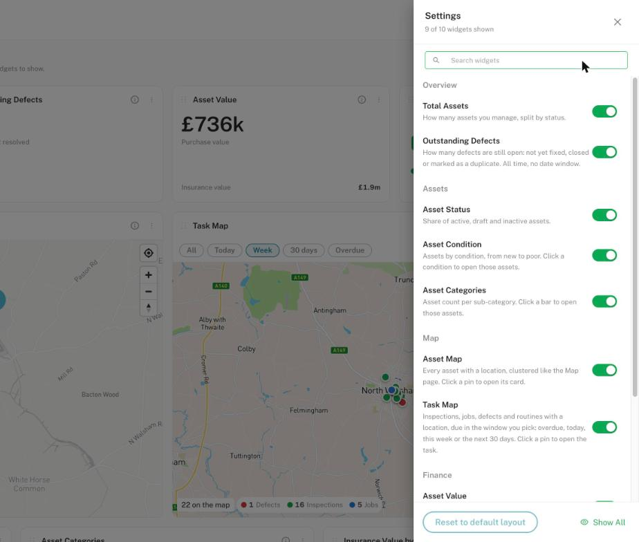The dashboard Settings drawer open on the right, listing widgets in sections (Overview, Assets, Map, Finance) with a switch beside each, a search box at the top, and Reset to default layout and Show All buttons at the bottom