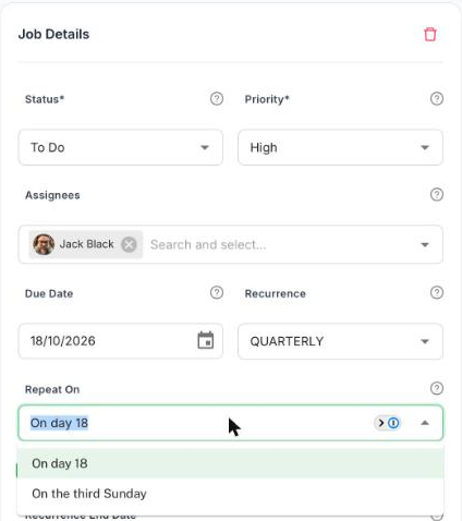 The Job Details panel on a quarterly job due 18 October 2026, with the new Repeat On dropdown open showing two choices: On day 18, and On the third Sunday