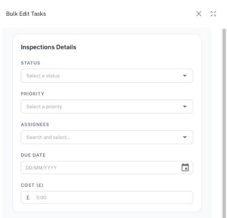 The Bulk Edit Tasks panel for two inspections, with Status, Priority, Assignees, Due Date and Cost, followed by Title and Description