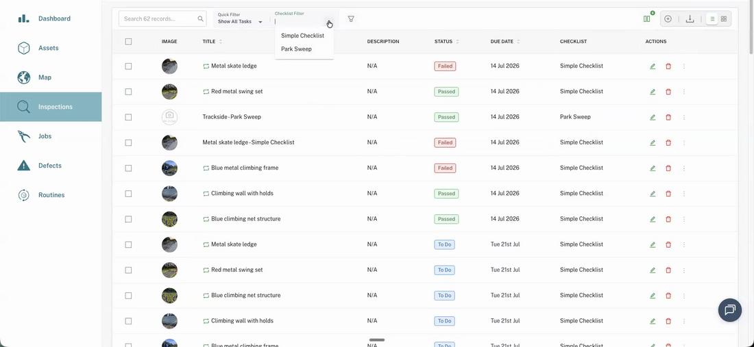 The Inspections list with Show All Tasks and the checklist filter open