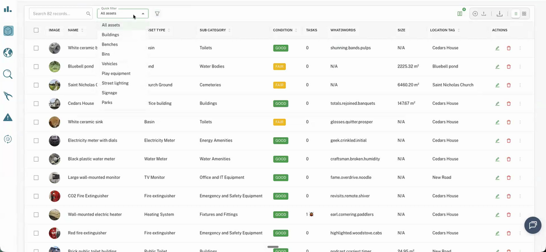 The Assets list with the quick filter dropdown open