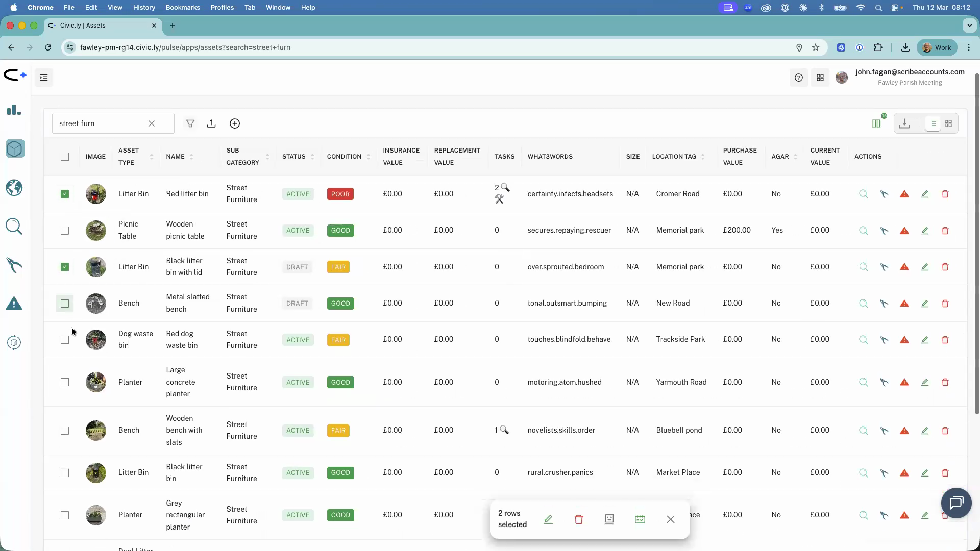 The asset register filtered to street furniture, with several bins selected via checkboxes