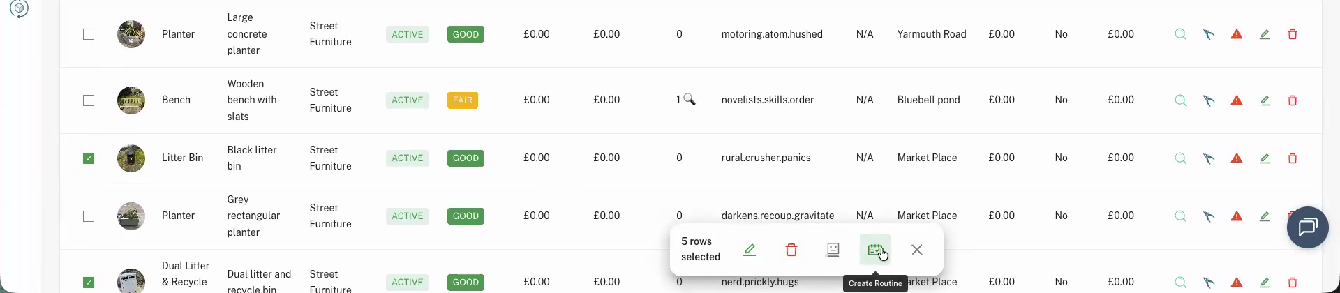 The action bar at the bottom of the screen showing '5 rows selected' and the Create Routine button on the right