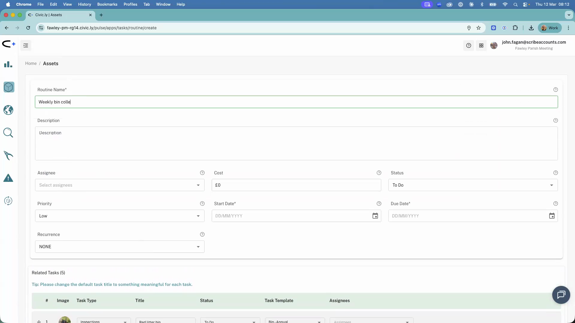 The routine creation form showing the name field filled in with 'Weekly bin collection', plus fields for description, assignee, priority, start date, due date, and recurrence