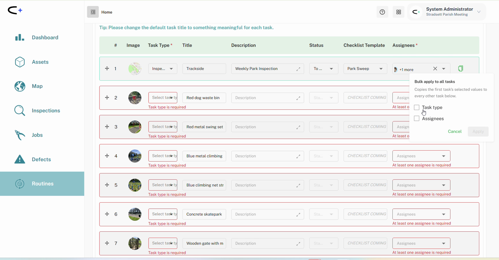 The Bulk apply to all tasks panel open beside row one, reading 'Copies the first task's selected values to every other task below' with tickboxes for Task type and Assignees and Cancel and Apply buttons