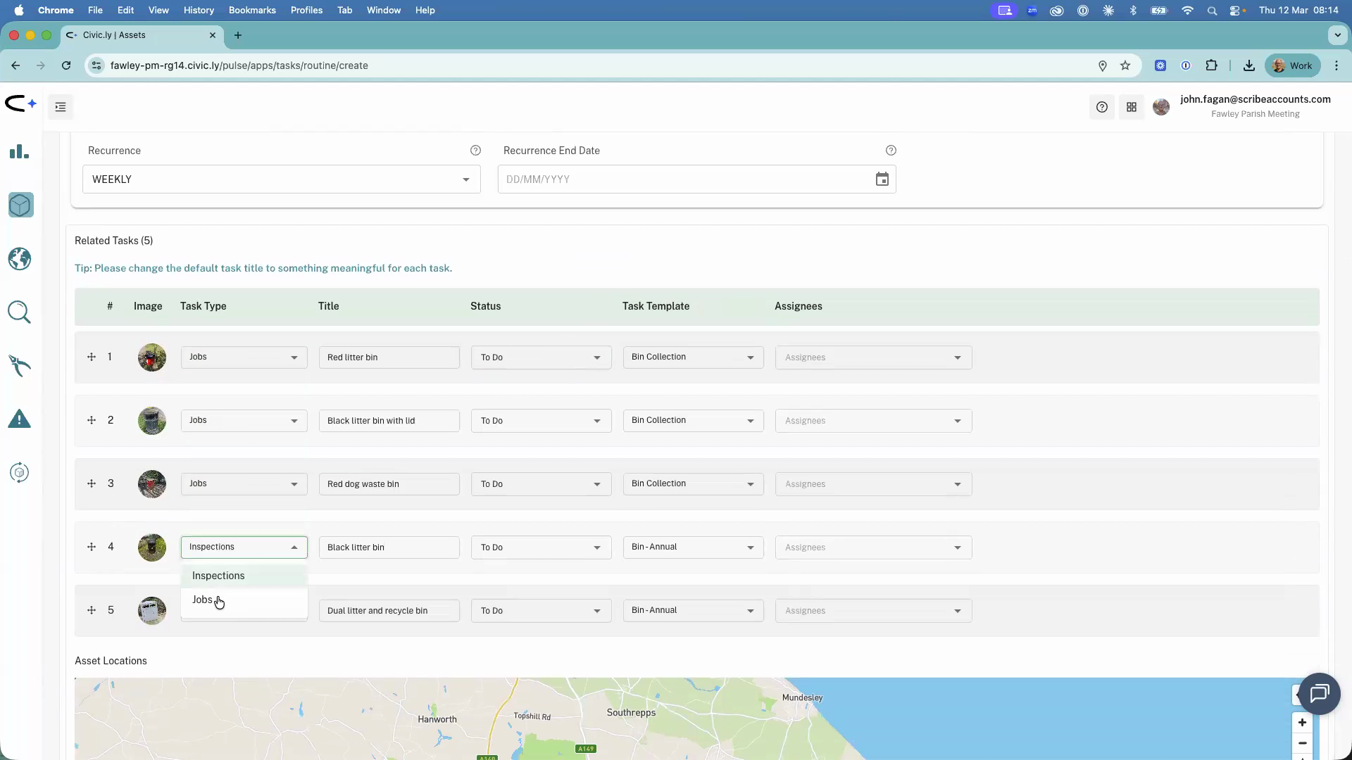 The related tasks table showing five rows, each with columns for task type, title, status, task template, and assignees