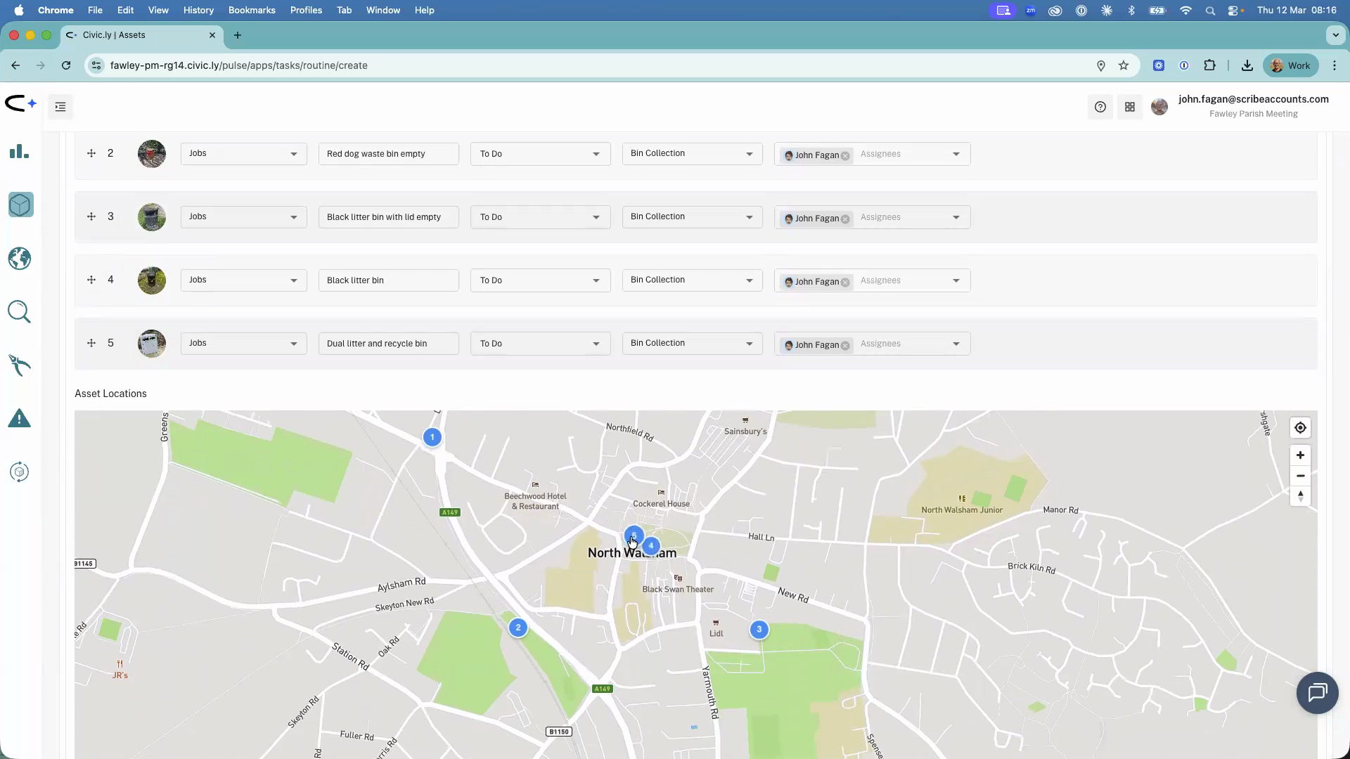 The map below the related tasks showing numbered pins for each bin location, with the task list reordered by dragging rows