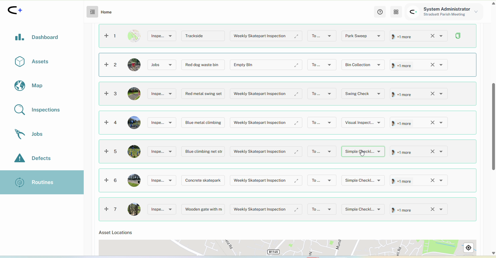 The completed Related Tasks grid with all seven rows configured, mixing Inspection and Jobs task types with different checklist templates, and the Asset Locations map below