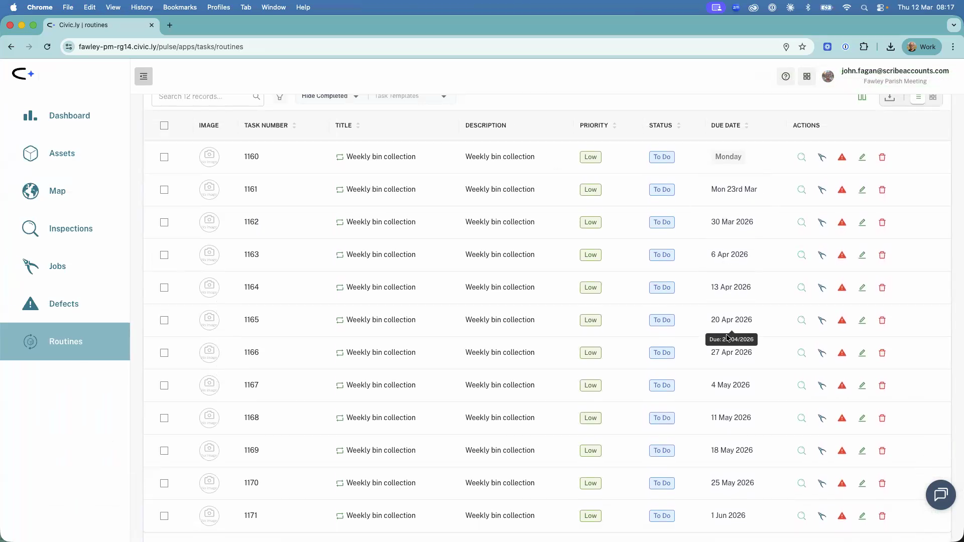 The Routines list showing the Weekly bin collection routine with recurring weekly entries