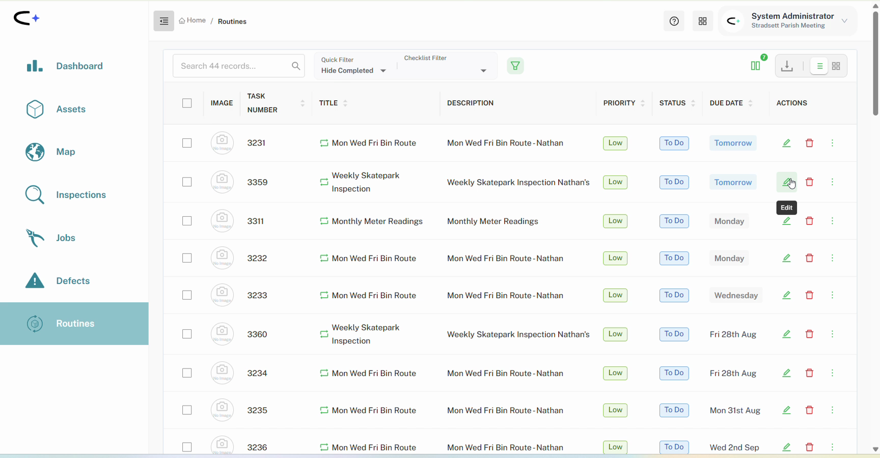 The Routines list showing one row per occurrence, with the Edit tooltip displayed over the pencil icon in the Actions column of the Weekly Skatepark Inspection due tomorrow