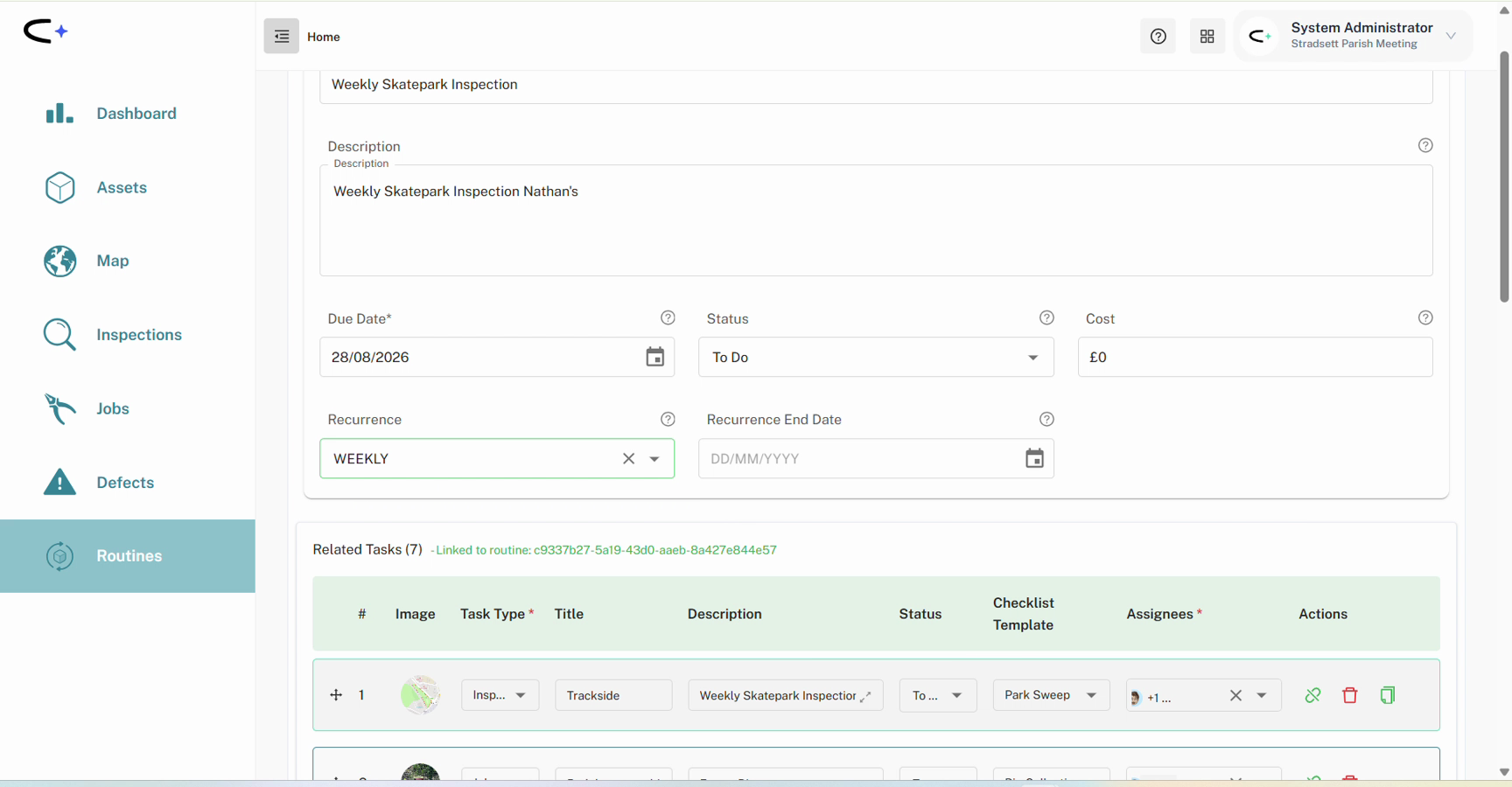 The routine edit page for the 28/08/2026 occurrence, showing Routine Name, Description, Due Date, Recurrence and the Related Tasks grid, with unlink, delete and bulk-apply icons in the Actions column of row one