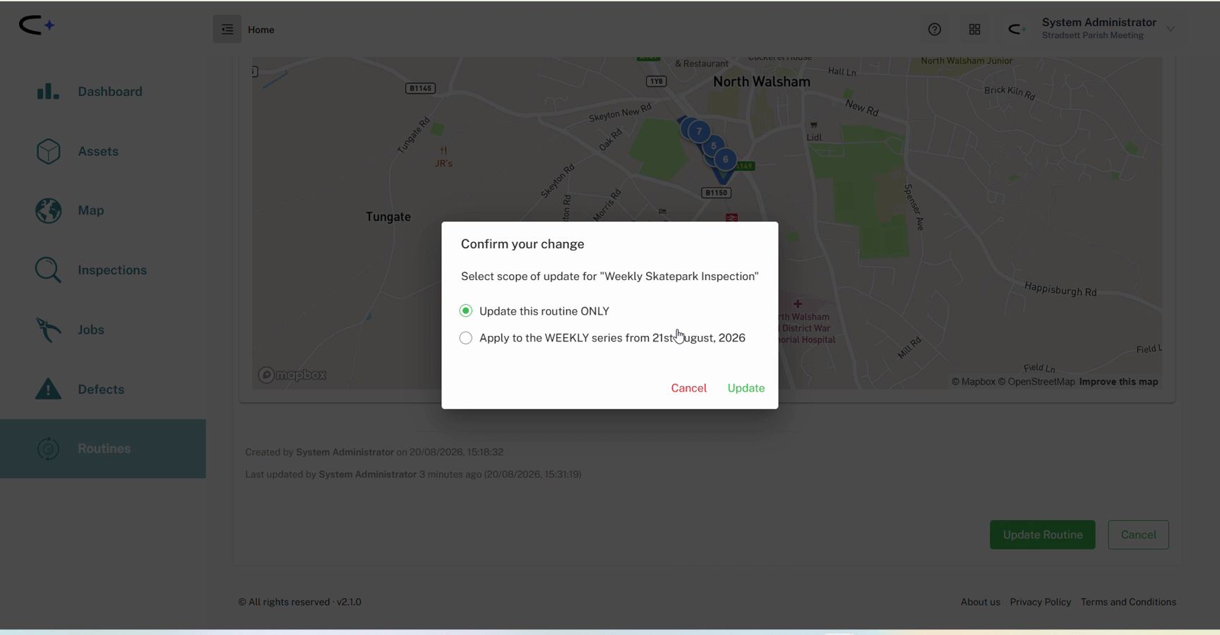 The Confirm your change dialog reading 'Select scope of update for Weekly Skatepark Inspection', with radio buttons for 'Update this routine ONLY' and 'Apply to the WEEKLY series from 21st August, 2026', and Cancel and Update buttons
