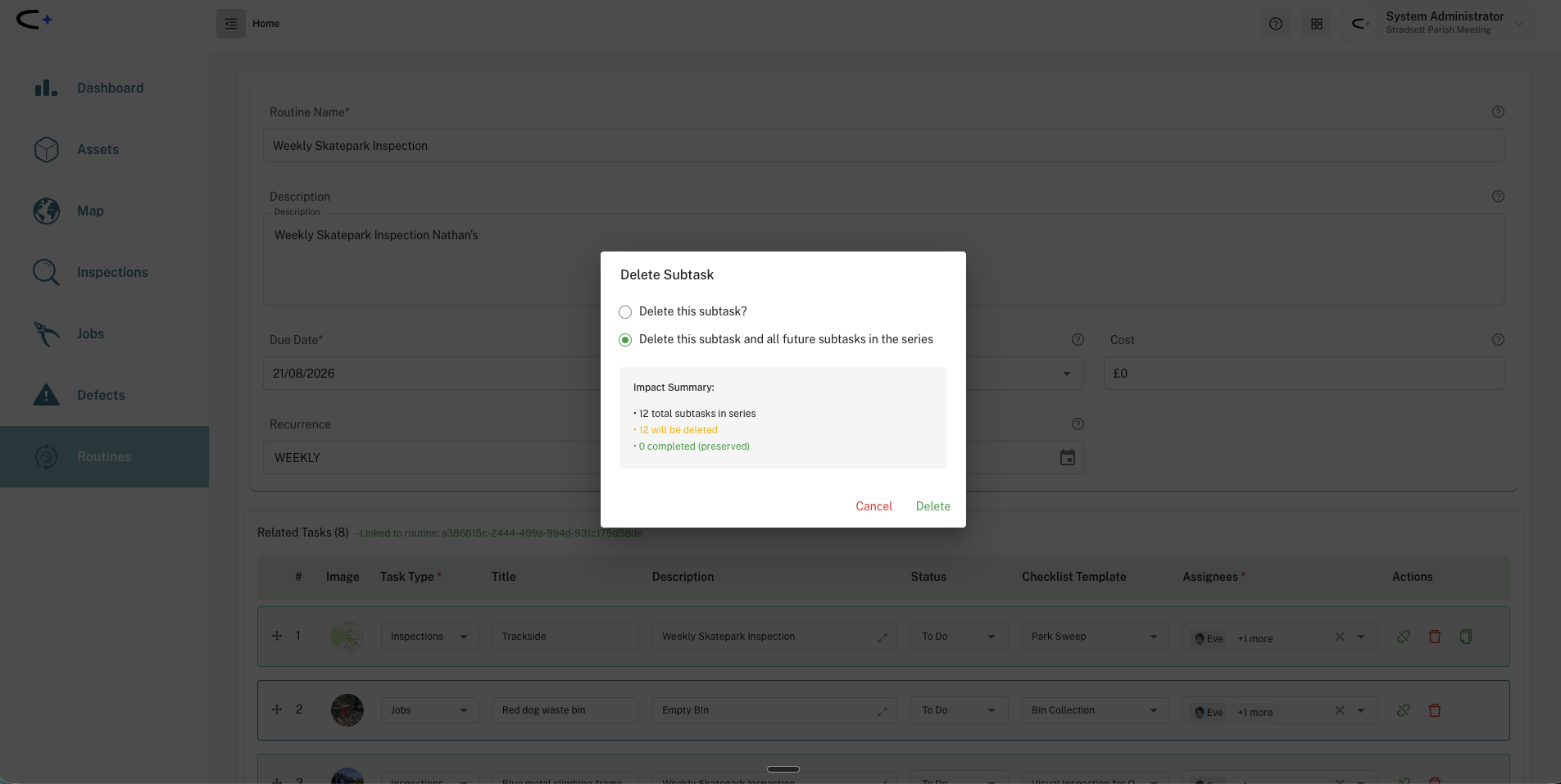 The Delete Subtask dialog on the Weekly Skatepark Inspection routine, with 'Delete this subtask and all future subtasks in the series' selected and an Impact Summary reading '12 total subtasks in series, 12 will be deleted, 0 completed (preserved)', above Cancel and Delete buttons