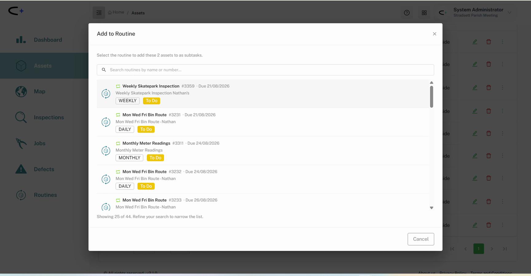The Add to Routine dialog reading 'Select the routine to add these 2 assets to as subtasks', with a search box and a list of routines each showing name, task number, due date, recurrence and status