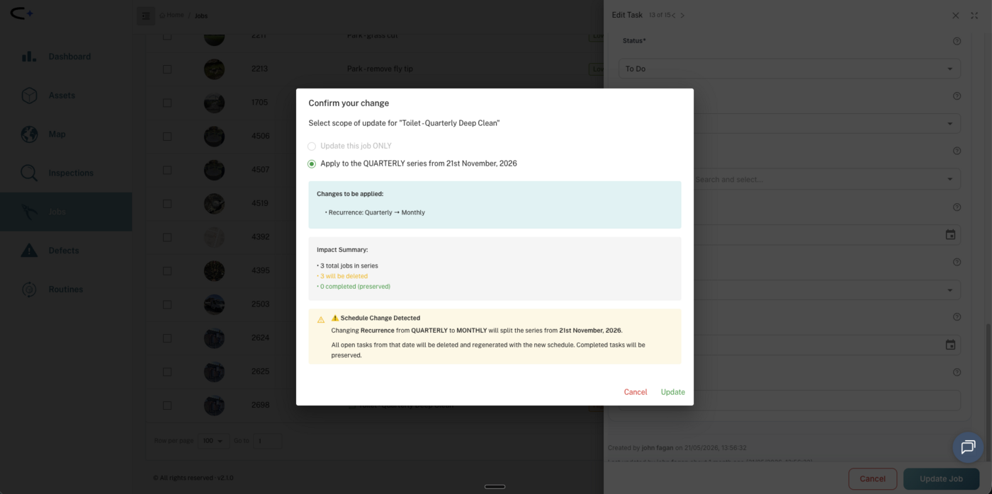 The Confirm your change dialog in the web app, showing options to update this job only or apply to the whole series, a changes-to-be-applied list (Recurrence: Quarterly to Monthly), an impact summary, and a Schedule Change Detected warning