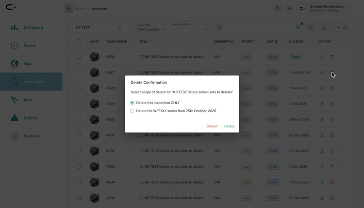 The Delete Confirmation dialog in the web app with two options: Delete this inspection ONLY, selected by default, and Delete the WEEKLY series from a date
