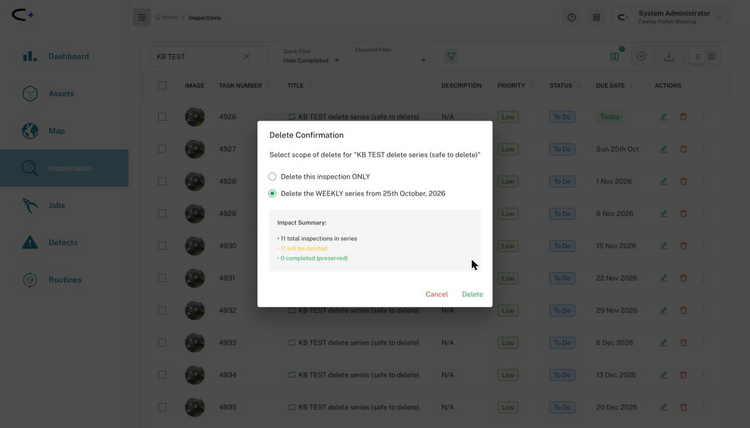 The same dialog with the series option selected, showing an Impact Summary that reads 11 total inspections in series, 11 will be deleted, 0 completed (preserved)