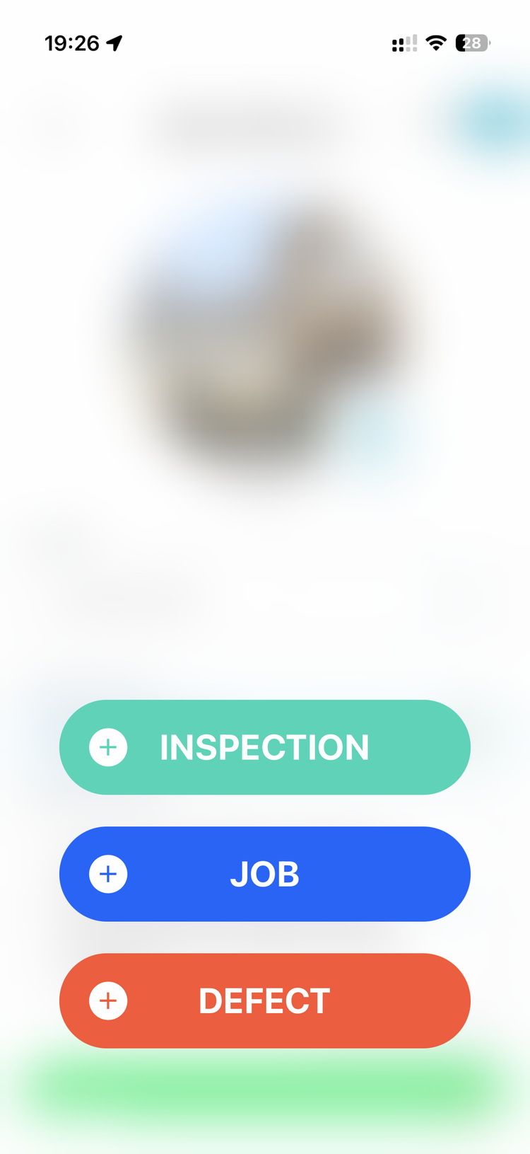The mobile plus-button menu on an asset offering Inspection, Job and Defect