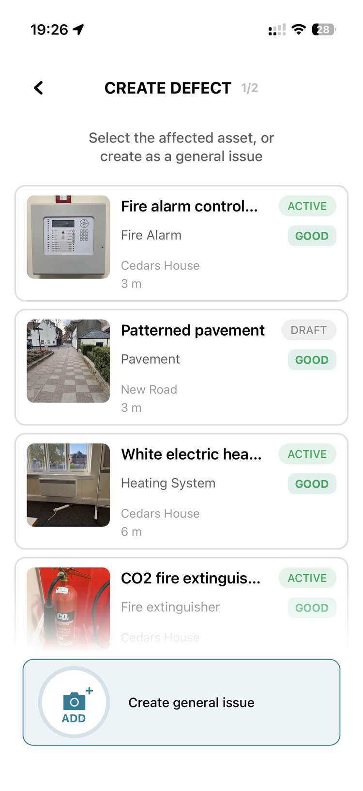 The Create Defect screen offering nearby assets to attach to, or a Create general issue option at the bottom